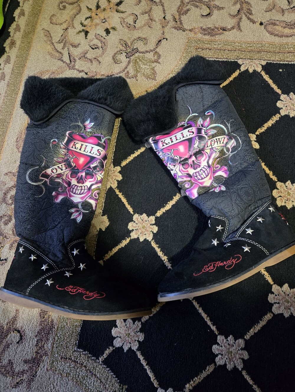 Ed Hardy Black Boots with Pink Skull Graphic and Faux Fur Trim